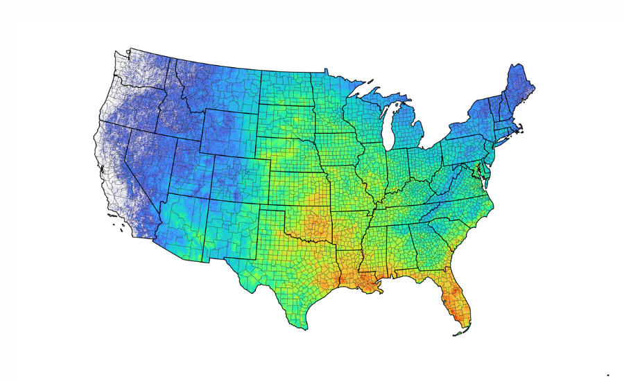 A US map showing the frequency and location of lightning strikes