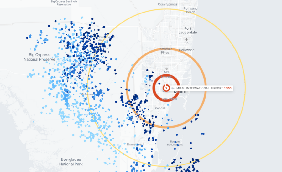 A map showing live lightning alert radii (the rings) around the Miami International Airport