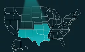 A spotlight on a map of the southern part of the United States