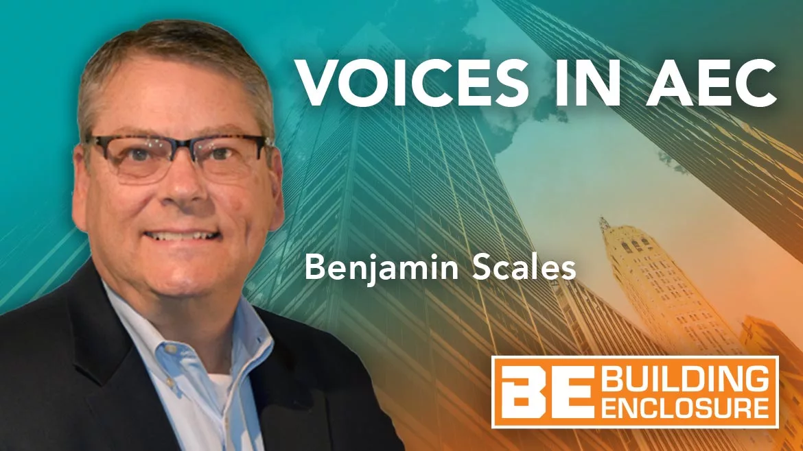 Headshot of Benjamin Scales on an image that says Voices in AEC