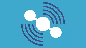white symbol with blue lines on a light blue background