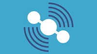 white symbol with blue lines on a light blue background