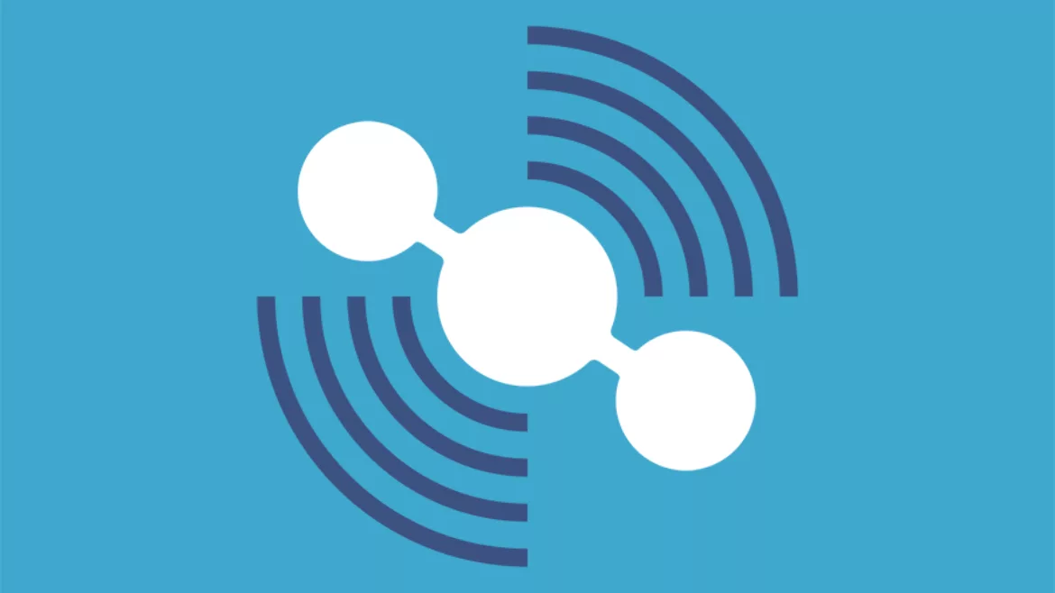 white symbol with blue lines on a light blue background