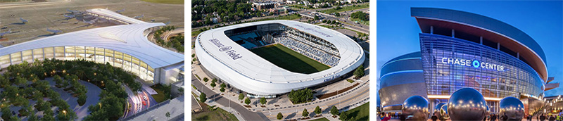Composite showing three projects linked to Erik Verboon: Louis Armstrong New Orleans Airport terminal, Allianz Field in St. Paul, and Chase Center in San Francisco.