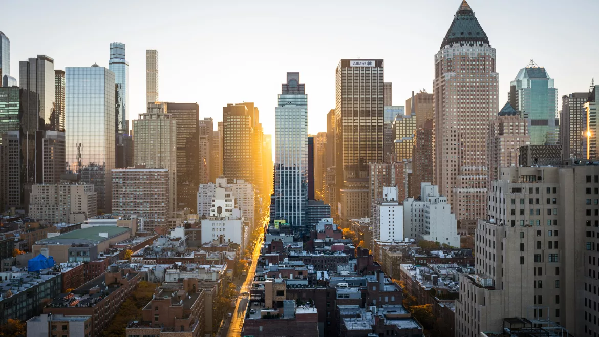 city skyline with commercial buildings