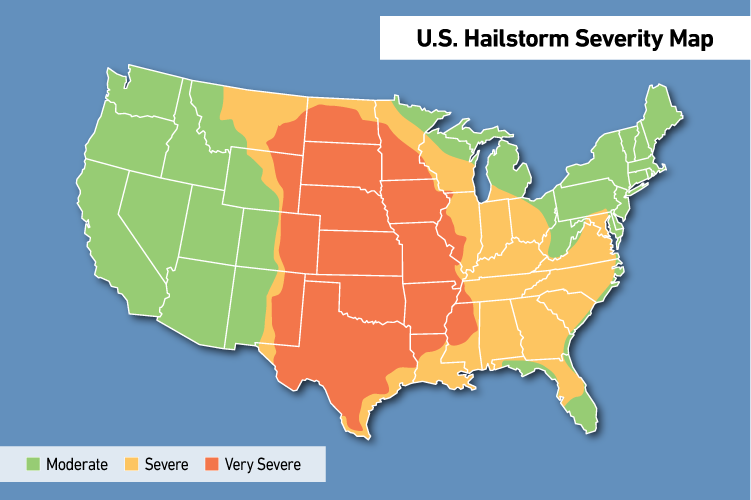a map charting hail severity in the US