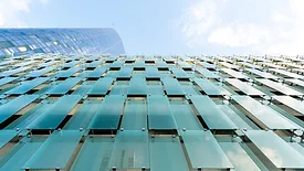 The staggered glass façade at 727 West Madison parking structure 