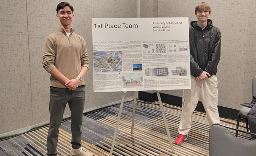 Brandon Bosaz (left) and William Walker won first place in the 2025 PCI Design Precast competition. They presented their winning entry at the 2026 PCI Convention
