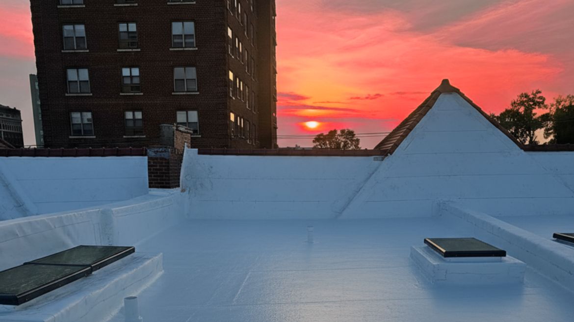 A completed high-performance enclosure (Gerhardt Apartments, St. Louis). sun sets in the background