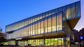 Hillman Library’s exterior at night