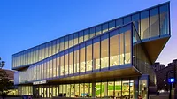 Hillman Library’s exterior at night