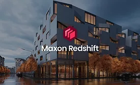 Maxon Redshift for Vectorworks is promo in red with building in back
