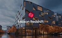 Maxon Redshift for Vectorworks is promo in red with building in back