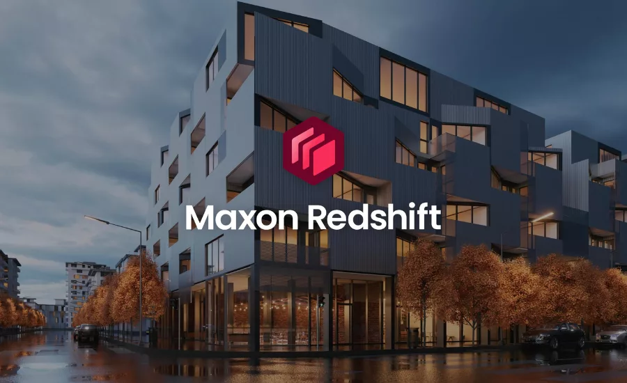 Maxon Redshift for Vectorworks is promo in red with building in back