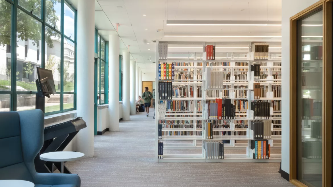 University of Arkansas Fine Arts Center library bookshelves