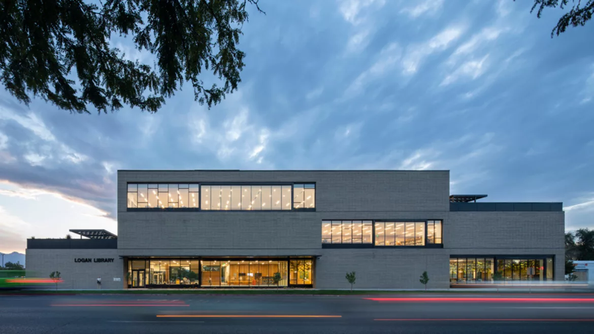 Logan City Library exterior at dusk