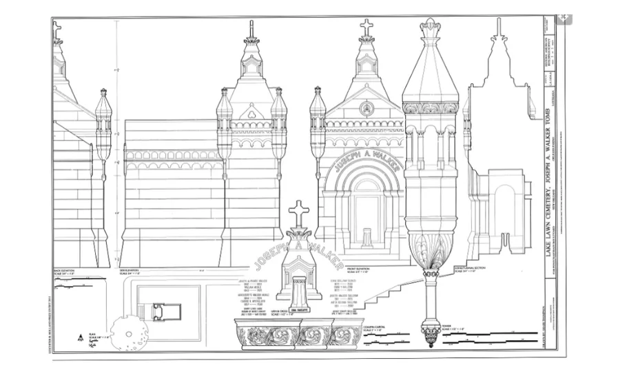 Lake Lawn Cemetery, Joseph A. Walker Tomb, 5100 Pontchartrain Boulevard, New Orleans, Orleans Parish, LA Drawings from Survey HABS LA-1454-A 