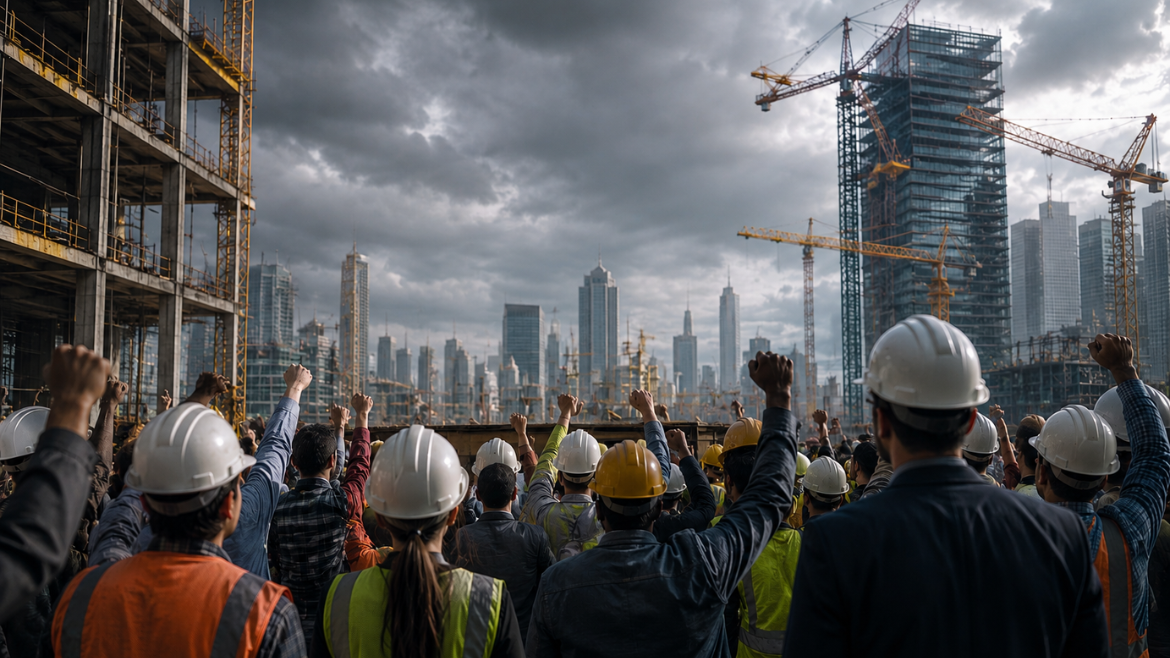 construction industry workers in hard hats stand around a city scape