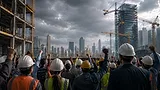 construction industry workers in hard hats stand around a city scape