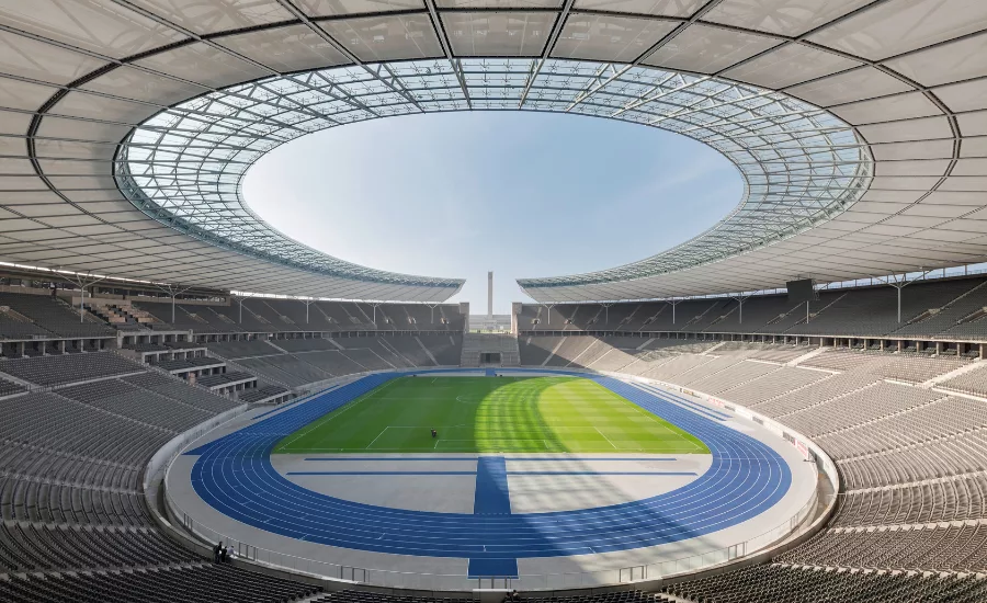 inside of an empty soccer stadium