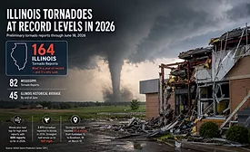 graphic shows a building destoryed by tornados with information on the amount of torandos in 2026 in the US