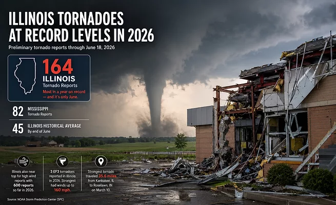 graphic shows a building destoryed by tornados with information on the amount of torandos in 2026 in the US