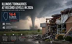 graphic shows a building destoryed by tornados with information on the amount of torandos in 2026 in the US