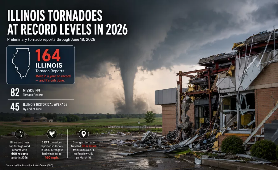 graphic shows a building destoryed by tornados with information on the amount of torandos in 2026 in the US