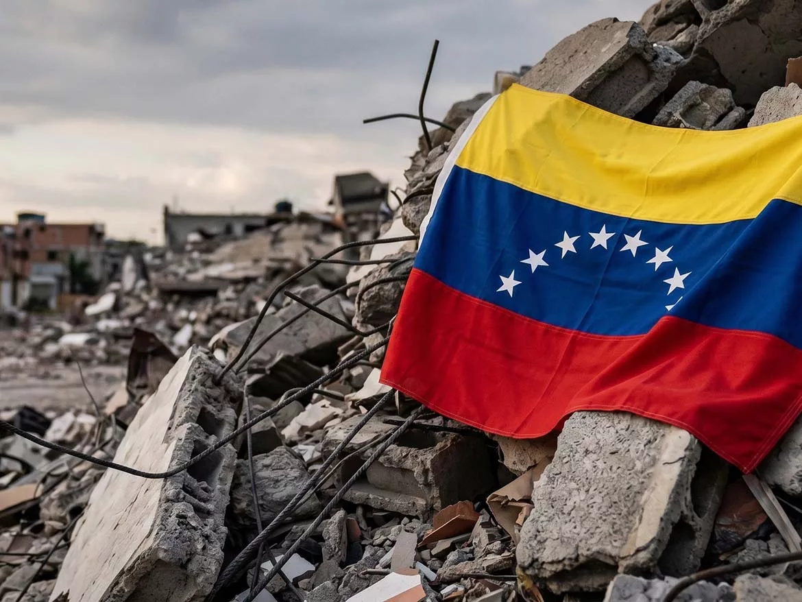 Venezuelan flag and rubble