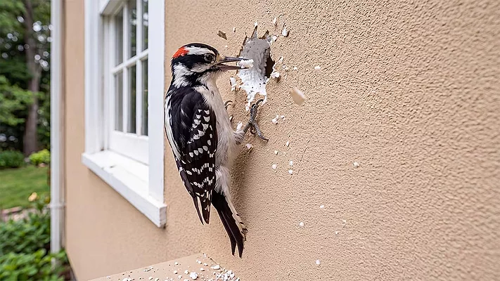 A woodpecker drills away at an EIFS coat on a residential property