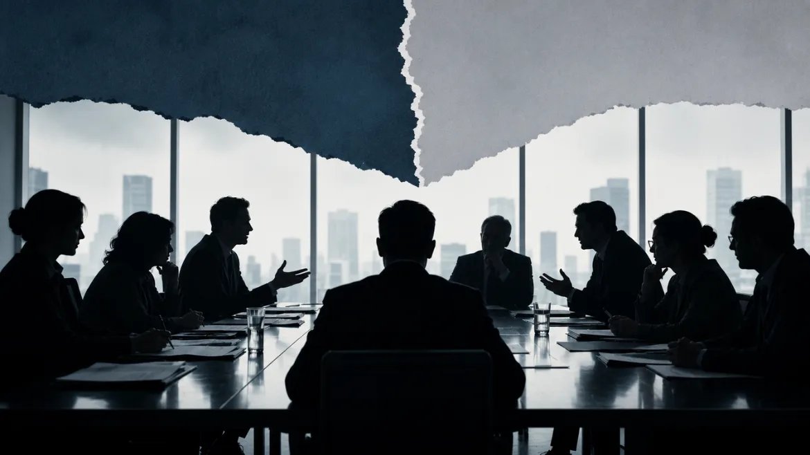 graphic shows Corporate debate in a divided boardroom