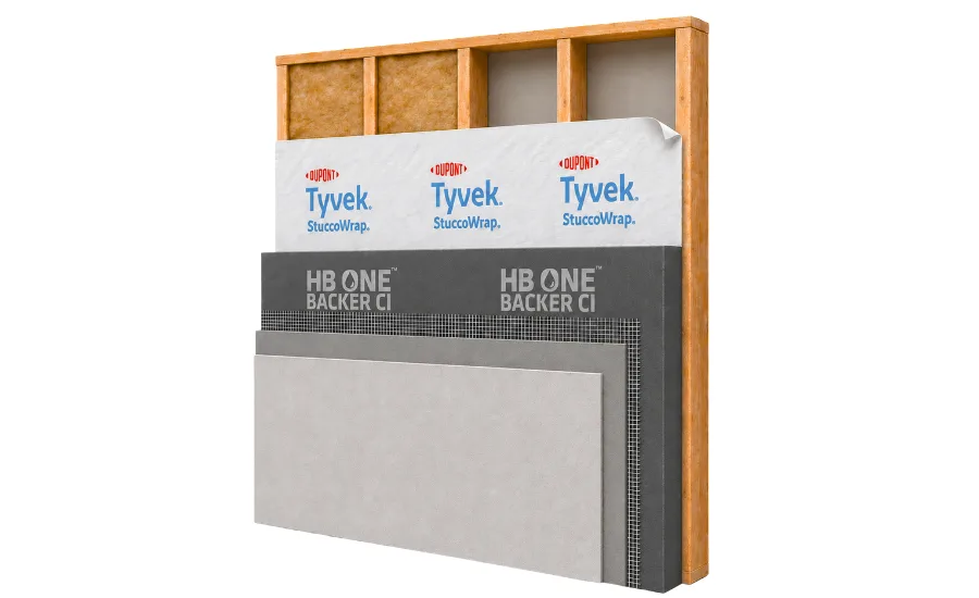 HB One Backer on a product mock up with TYVEK housewrap and board