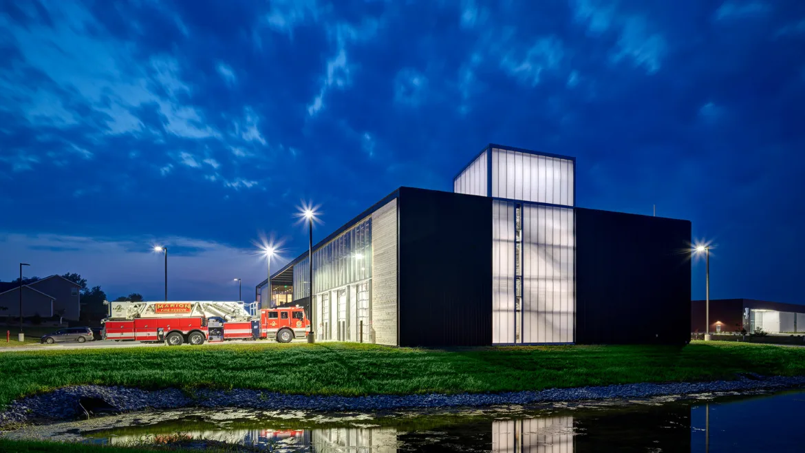 Marion Fire Station No. 1 in Marion, Iowa at night