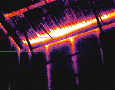 Shown is a screen capture of an infrared image looking up at the underside of a metal roof deck where the roof meets the walls.