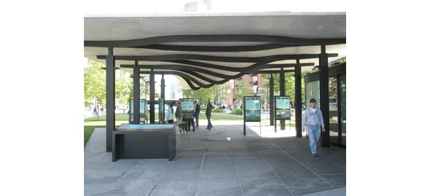 The structural geometry is designed to gently lead visitors through the pavilion. All lights and other requirements are hidden into carefully detailed steel columns. 